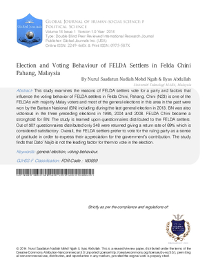 Election and Voting behaviour of FELDA Settlers in Felda Chini Pahang, Malaysia