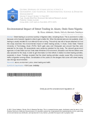 Environmental Impact of Street Trading in Akure, Ondo State Nigeria