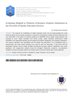 Evaluating HEDPERF as Predictor of Business Students’ Satisfaction in the Provision of Quality Education Services