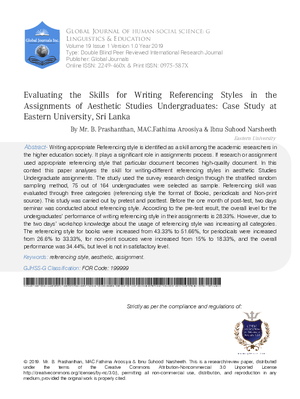 Evaluating the Skills for Writing Referencing Styles in the Assignments of Aesthetic Studies Undergraduates: Case Study at Eastern University, Sri Lanka