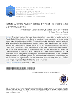 Factors Affecting Quality Service Provision in Wolaita Sodo University, Ethiopia