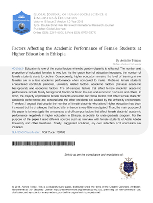 Factors Affecting the Academic Performance of Female Students at  Higher Education in Ethiopia