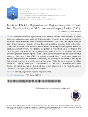 Functional Ethnicity, Regionalism and Regional Integration of South West Nigeria: A Study of ODUaA Investment Company Limited (OICL)