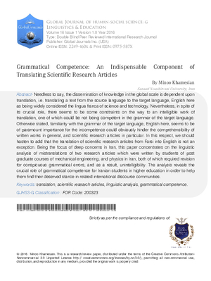 Grammatical Competence: An Indispensable Component of Translating Scientific Research Articles