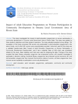 Impact of Adult Education Programmes on Women Participation in Community Development in Omuma Local Government Area of Rivers State