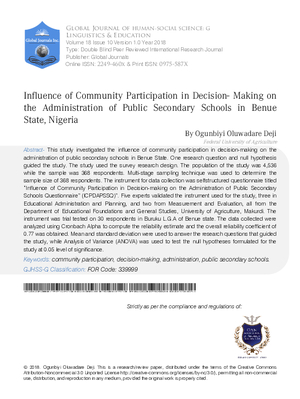 Influence of Community Participation in Decision-Making on the Administration of Public Secondary Schools in Benue State, Nigeria