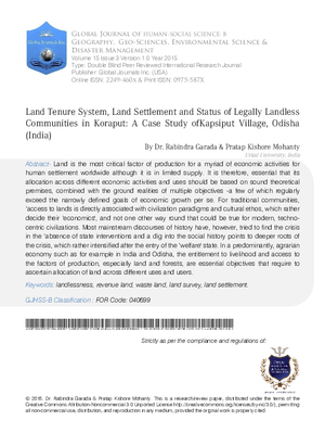 Land Tenure System, Land Settlement and Status of Legally Landless Communities in Koraput: A Case Study of Kapsiput Village, Odisha (India)