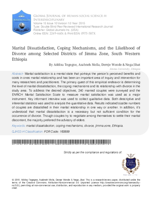 Marital Dissatisfaction, Coping Mechanisms, and Likelihood of Divorce among Selected Districts of Jimma Zone, South-Westethiopia