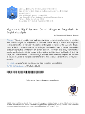 Migration to Big Cities from Coastal Villages of Bangladesh:  An Empirical Analysis