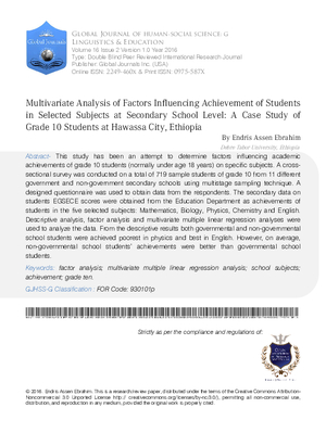 Multivariate Analysis of Factors Influencing Achievement of Students in Selected Subjects at Secondary School Level: A Case Study of Grade 10 Students at Hawassa City, Ethiopia