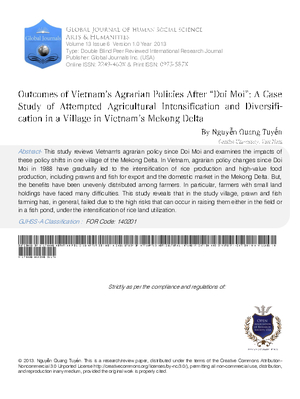 Outcomes of Vietnamas Agrarian Policies after aoDoi Moia: A Case Study of  Attempted Agricultural Intensification and Diversification In a Village in Vietnamas Mekong Delta