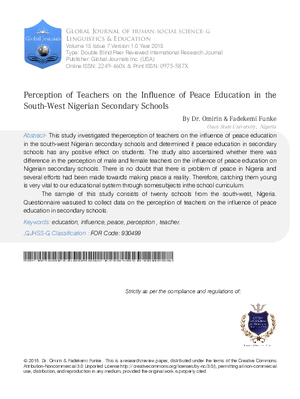 Perception of Teachers on the Influence of Peace Education in the West  Nigerian Secondary Schools