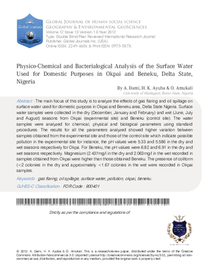 Physico-Chemical and Bacterialogical Analysis of the Surface Water Used for Domestic Purposes in Okpai and Beneku, Delta State, Nigeria