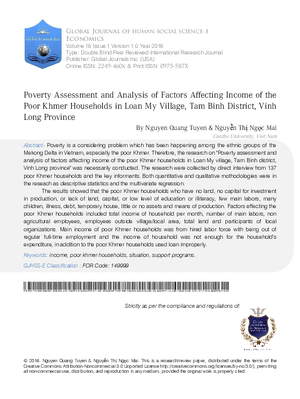 Poverty Assessment and Analysis of Factors Affecting Income of the Poor Khmer Households in Loan my Village, Tam Binh District, Vinh Long Province