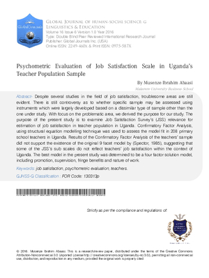 Psychometric Evaluation of Job Satisfaction Scale in Ugandas Teacher Population Sample
