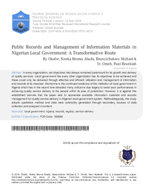 Public Records and Management of Information Materials in Nigerian Local Government: A Transformative Route