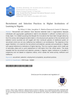 Recruitment and Selection Practices in Higher Institutions of Learning in Nigeria