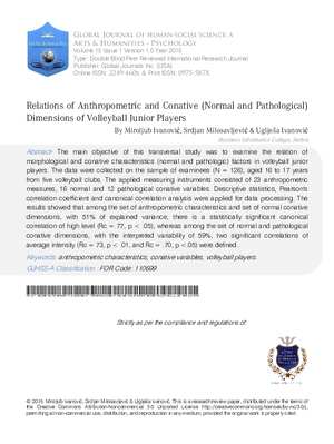 Relations of Anthropometric and Conative (Normal and Pathological) Dimensions of Volleyball Junior Players
