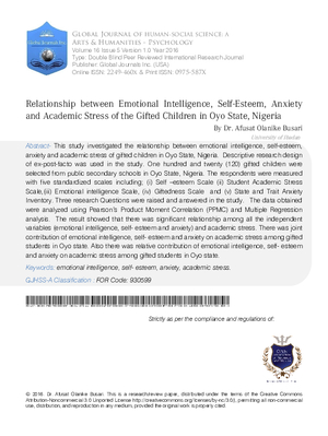 Relationship between Emotional Intelligence, Self-Esteem, Anxiety and Academic Stress of the Gifted Children in Oyo State, Nigeria