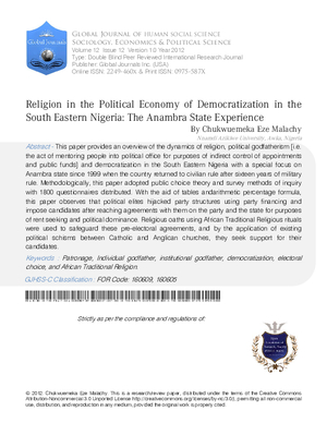 Religion in the Political Economy of Democratization in the South Eastern Nigeria: the Anambra State Experience