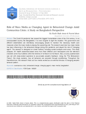 Role of Mass Media as Changing Agent in Behavioral Change amid Coronavirus Crisis: A  Study on Bangladesh Perspective