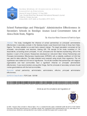 School Partnerships and Principals’ Administrative Effectiveness in Secondary Schools in Ibesikpo Asutan Local Government Area of Akwa Ibom State, Nigeria