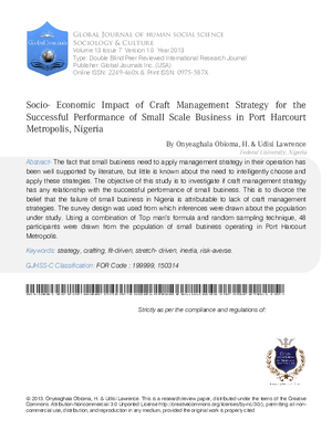 Socio- Economic Impact of Craft Management Strategy for the Successful Performance of Small Scale Business in Port Harcourt Metropolis, Nigeria
