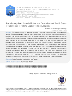 Spatial Analysis of Household Size as a Determinant of Health Status of Rural Areas Offederal Capital Territory, Nigeria