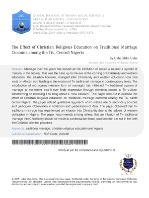 The Effect of Christian Religious Education on Traditional Marriage Customs among the Tiv, Central Nigeria