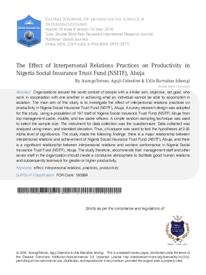 The Effect of Interpersonal Relations Practices on Productivity in Nigeria Social Insurance Trust Fund (NSITF), Abuja