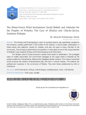 The Home-Grown Wind Instruments Social Beliefs and Attitudes for the Peoples of Wolaitta : The Case of Dinkiya and Chacha-Zayiya, Southern Ethiopia