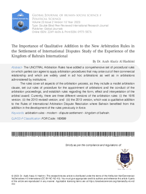 The Importance of Qualitative Addition to the New Arbitration Rules in the Settlement of International Disputes Study of the Experience of the Kingdom of Bahrain International
