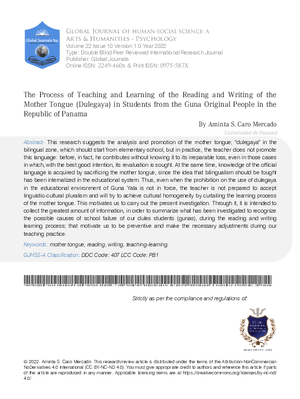 The Process of Teaching and Learning of the Reading and Writing of the Mother Tongue (Dulegaya) in Students from the Guna Original People in the Republic of Panama