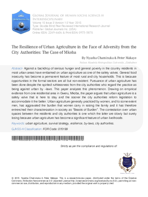 The Resilience of Urban Agriculture in the Face of Adversity from the City Authorities: The Case of Mkoba