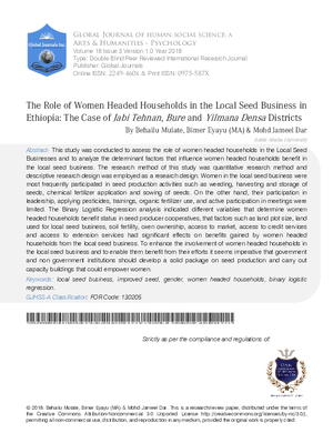 The Role of Women Headed Households in the Local Seed Business in Ethiopia: The Case of Jabi Tehnan, Bure and Yilmana Densa Districts