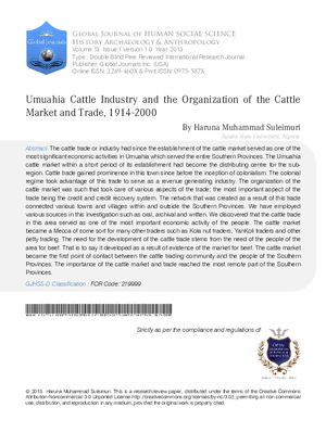 Umuahia Cattle Industry and the Organization of the Cattle Market and Trade, 1914-2000