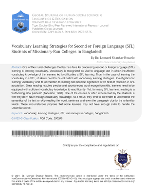Vocabulary learning strategies for Second or Foreign Language (SFL) Students of Missionary-run Colleges in Bangladesh