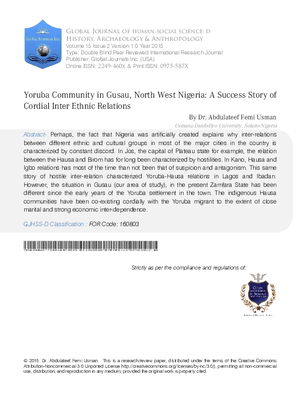Yoruba Community in Gusau, North West Nigeria: A Success Story of Cordial Inter Ethnic Relations.