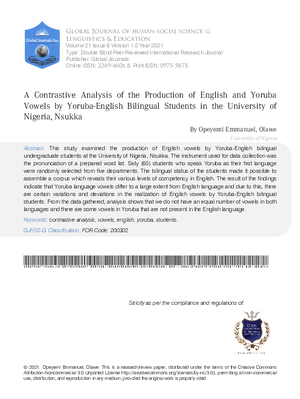A Contrastive Analysis of the Production of English and Yoruba Vowels by Yoruba-English Bilingual Students in University of Nigeria, Nsukka