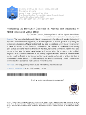 Addressing the Insecurity Challenge in Nigeria: The Imperative of Moral Values and Virtue Ethics