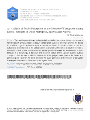 An Analysis of Public Perception on the Menace of Corruption among Judicial Workers in Dutse Metropolis, Jigawa State-Nigeria