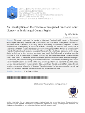 An Investigation of the Practice of Functional Adult Literacy in Benishangul Gumuz