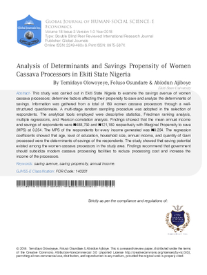 Analysis of Determinants and Savings Propensity of Women Cassava Processors in Ekiti State Nigeria