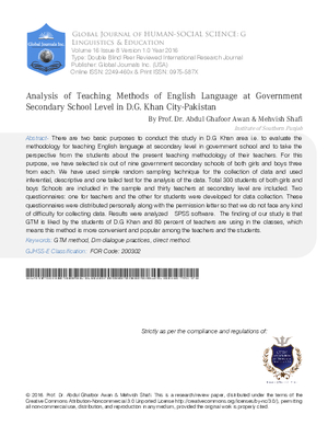 Analysis of Teaching Methods of English Language at Government Secondary School Level in D.G. Khan City-Pakistan