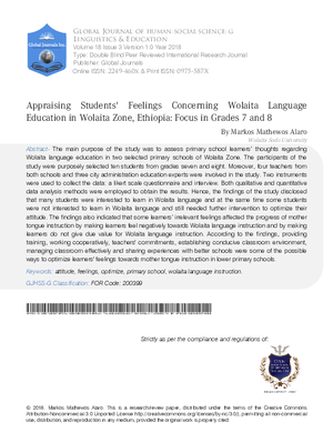 Appraising Students Feelings Concerning Wolaita Language Education in Wolaita Zone, Ethiopia: Focus in Grades 7 and 8