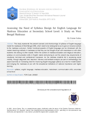 Assessing the Need of Syllabus Design for English Language for Madrasa Education at Secondary School Level: A Study on West Bengal Madrasas