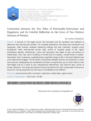 Connection between the two Poles of Personality-Narcissism and Happiness and its Colourful Reflection in the Lives of two Distinct Statuses of Women