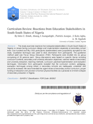 CURRICULUM REVIEW: REACTIONS FROM EDUCATION STAKEHOLDERS IN SOUTH-SOUTH STATES OF NIGERIA
