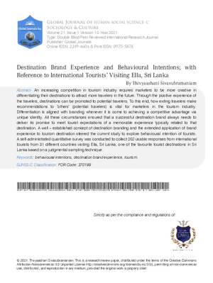 Destination Brand Experience and Behavioural Intentions; with Reference to International Tourists’ Visiting Ella, Sri Lanka
