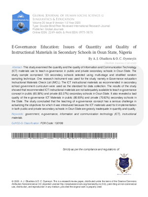 E-Governance Education: Issues of Quantity and Quality of Instructional Materials in Secondary Schools in Osun State, Nigeria